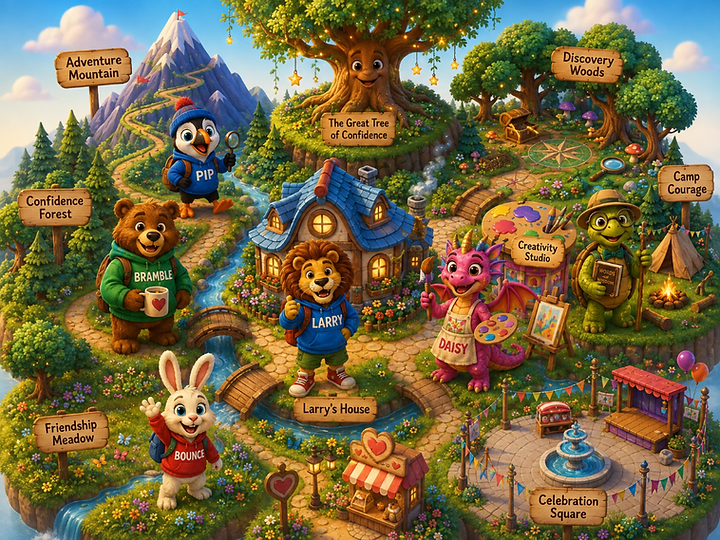 Illustrated map of Larry's World showing all ten magical locations