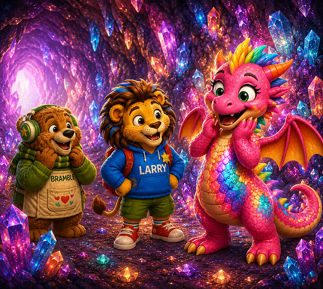 Larry, Bramble and Daisy standing together in a glowing crystal cave filled with purple and blue crystals