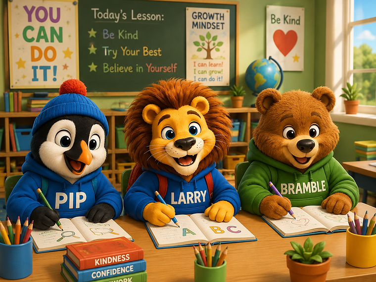 Pip, Larry and Bramble learning together at a classroom desk — building confidence, kindness and teamwork