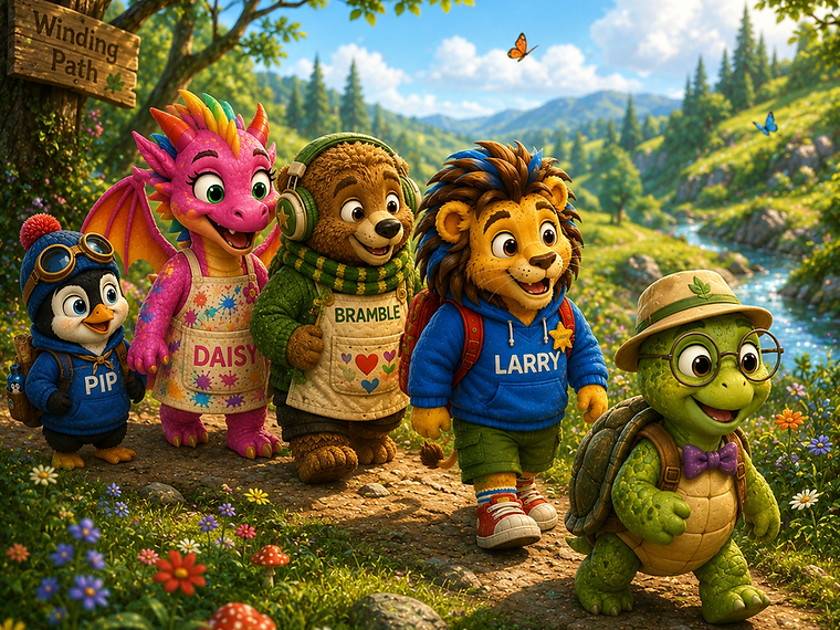 Pip, Daisy, Bramble, Larry and Mossy walking together along a winding woodland path — a whole-school community journey