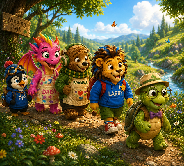 Pip, Daisy, Bramble, Larry and Mossy walking together along a winding woodland path past a 'Winding Path' sign