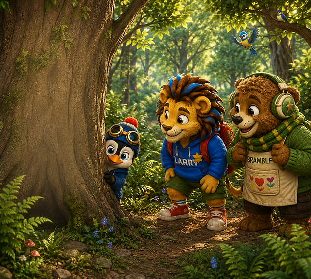 Pip, Larry and Bramble exploring a sun-dappled woodland, peeking around a large tree trunk together