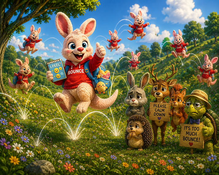 Bounce the bunny jumping with his 'I Feel' notebook, while friends hold signs asking him to calm down