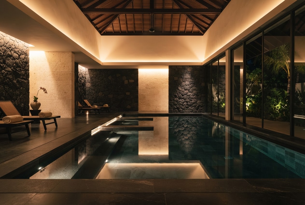 Tranquil luxury spa pool in dark natural stone