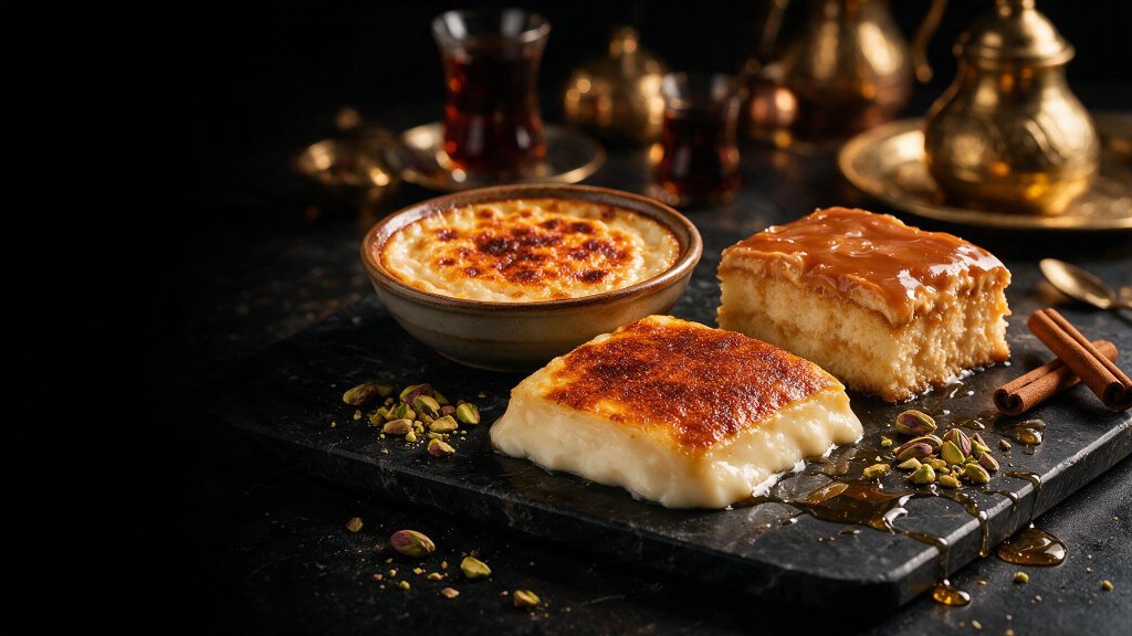 Luxueuze Turkse desserten op donkere marmeren plaat
