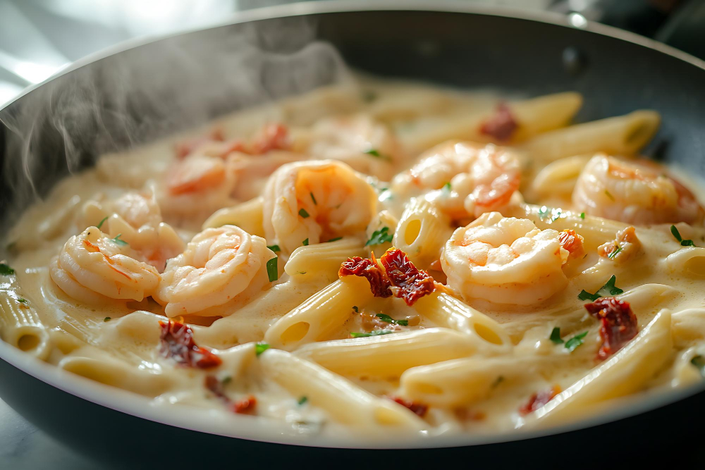Pasta met scampi en zongedroogde tomaten
