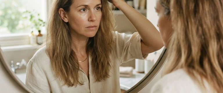 אישה בוחנת דילול בקו הפרידה של השיער מול מראה