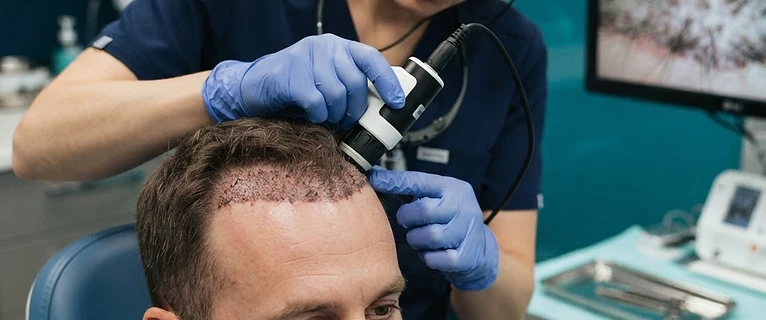 רופא בוחן קו שיער לא טבעי באמצעות טריכוסקופ במרפאה מודרנית