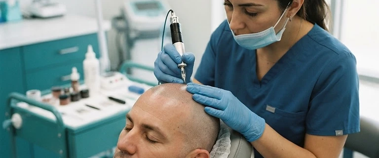 מטפל מבצע מיקרופיגמנטציה של הקרקפת על ראש מגולח של גבר