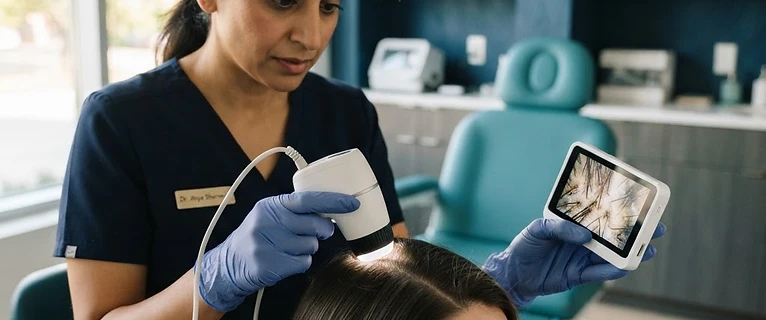 טריכולוג מבצע בדיקת עומק לקרקפת עם דרמוסקופ במרפאה מודרנית