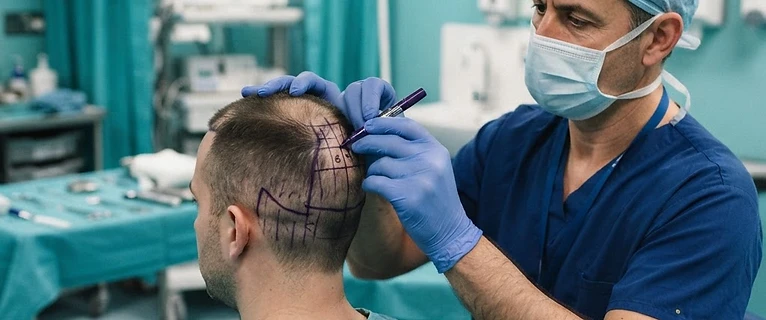 תכנון אסטרטגי של אזור השתלת השיער על ידי מנתח במרפאה