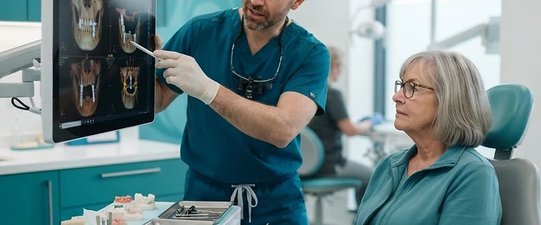 רופא שיניים ומטופל בוחנים צילום CT של הלסת על מסך