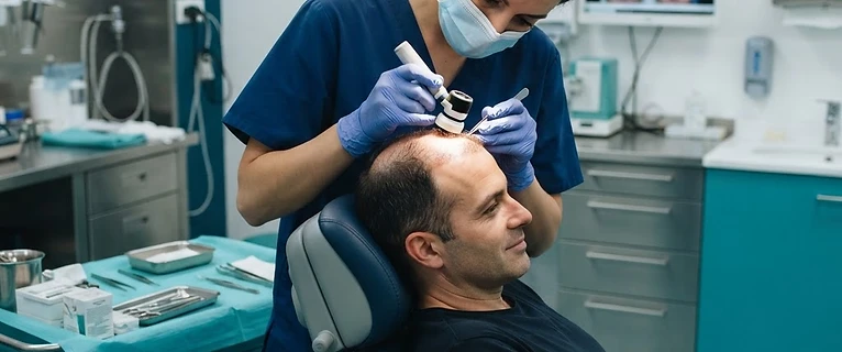 מומחה בוחן את קרקפת המטופל במרפאת השתלת שיער מקצועית