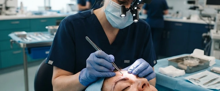 מנתח מבצע השתלת זקיקים עדינים בגבה של מטופל בעזרת ציוד רפואי מתקדם במרפאה
