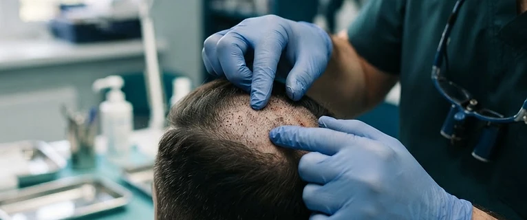 רופא מומחה בוחן את אזור ההשתלה במרפאה מודרנית לאחר הפרוצדורה