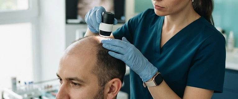מומחה בוחן את קרקפת המטופל במרפאת שיער מודרנית