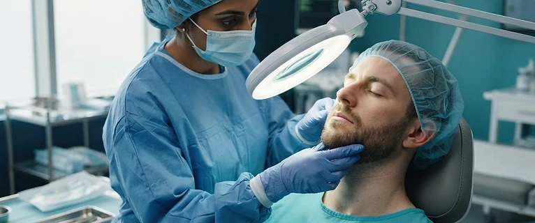 רופא מומחה בוחן את אזור הזקן של מטופל במרפאה מודרנית להשתלות שיער