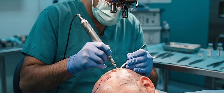 מנתח מבצע השתלת שיער בטכניקת FUE בקליניקה רפואית מודרנית