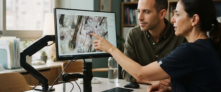 ייעוץ במרפאה עם בדיקת קרקפת במכשיר טריכוסקופ ומסך ניתוח