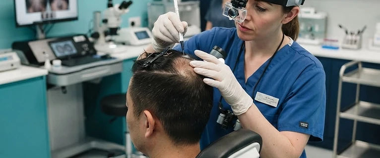 מומחה השתלות שיער מבצע הערכה מקצועית של האזור התורם במרפאה מודרנית