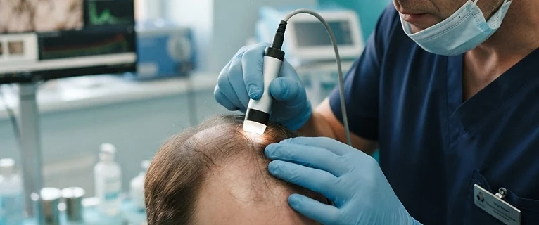 רופא בוחן את קרקפת המטופל בעזרת טריכוסקופ דיגיטלי במרפאה מודרנית