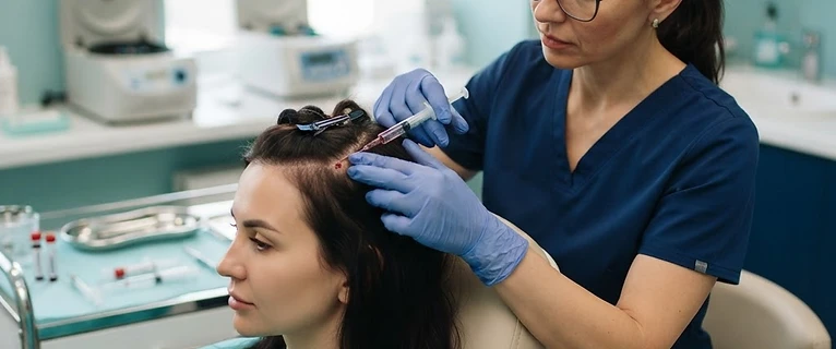 רופא מומחה מבצע טיפול הזרקת PRP לקרקפת של מטופל במרפאה