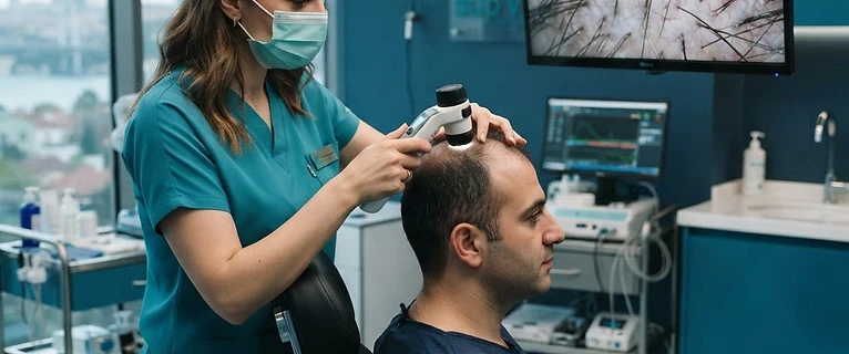 מומחה השתלת שיער בטורקיה בוחן קרקפת של מטופל באמצעות מכשור רפואי מתקדם