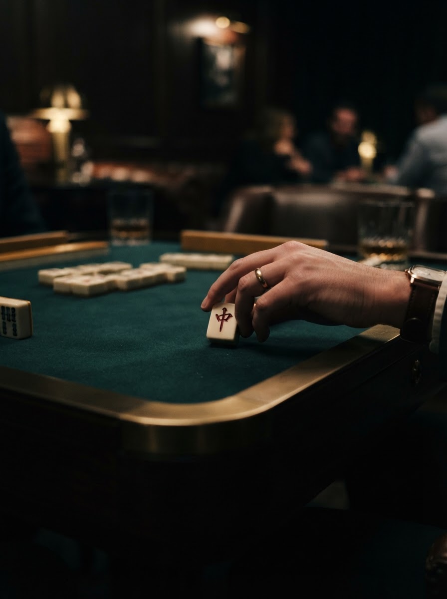 Mahjong tile moving across a green felt table