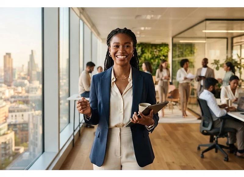 African professional woman in business attire smiling in a modern office