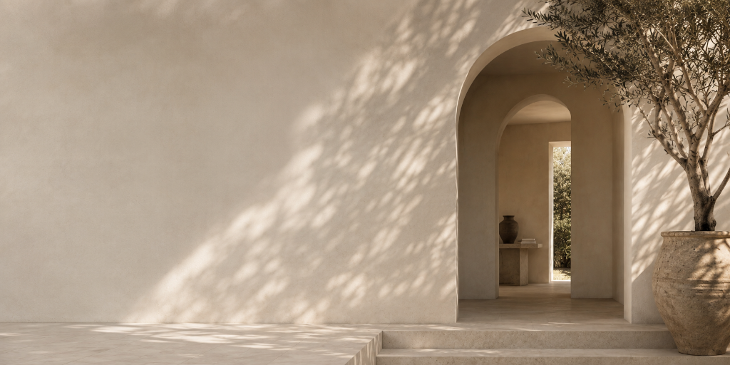 Mediterranean arched doorway with olive tree