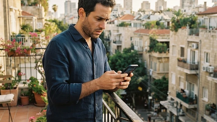 אדם מביט בטלפון הנייד בדאגה נוכח תנודות בריבית הפריים.