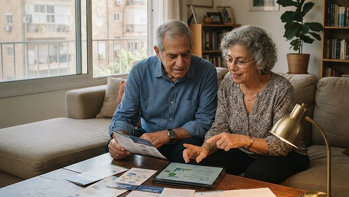 זוג מעיין בטפסים רשמיים של משרד השיכון בביתם המואר.