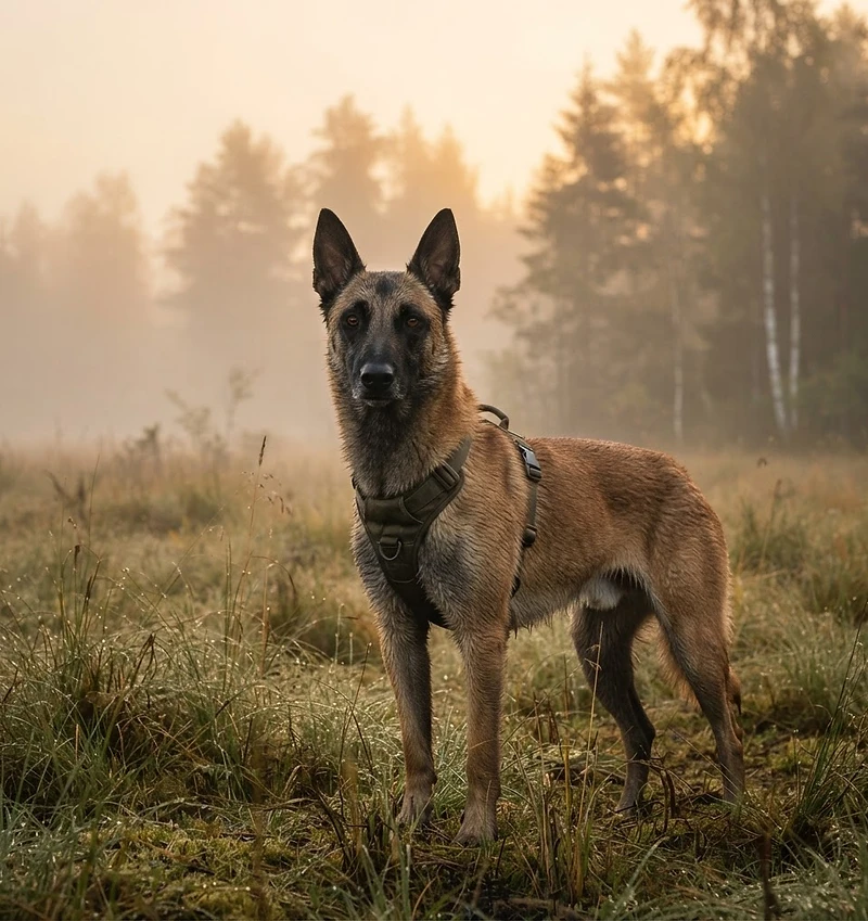 Portrait of a light brown Belgian Malinois working dog alert in a misty field at dawn
