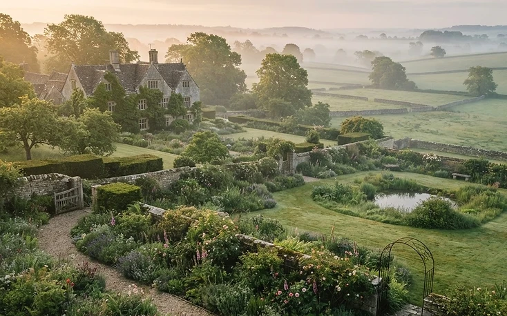 A clean poison-free English estate at dawn with soft mist over green fields
