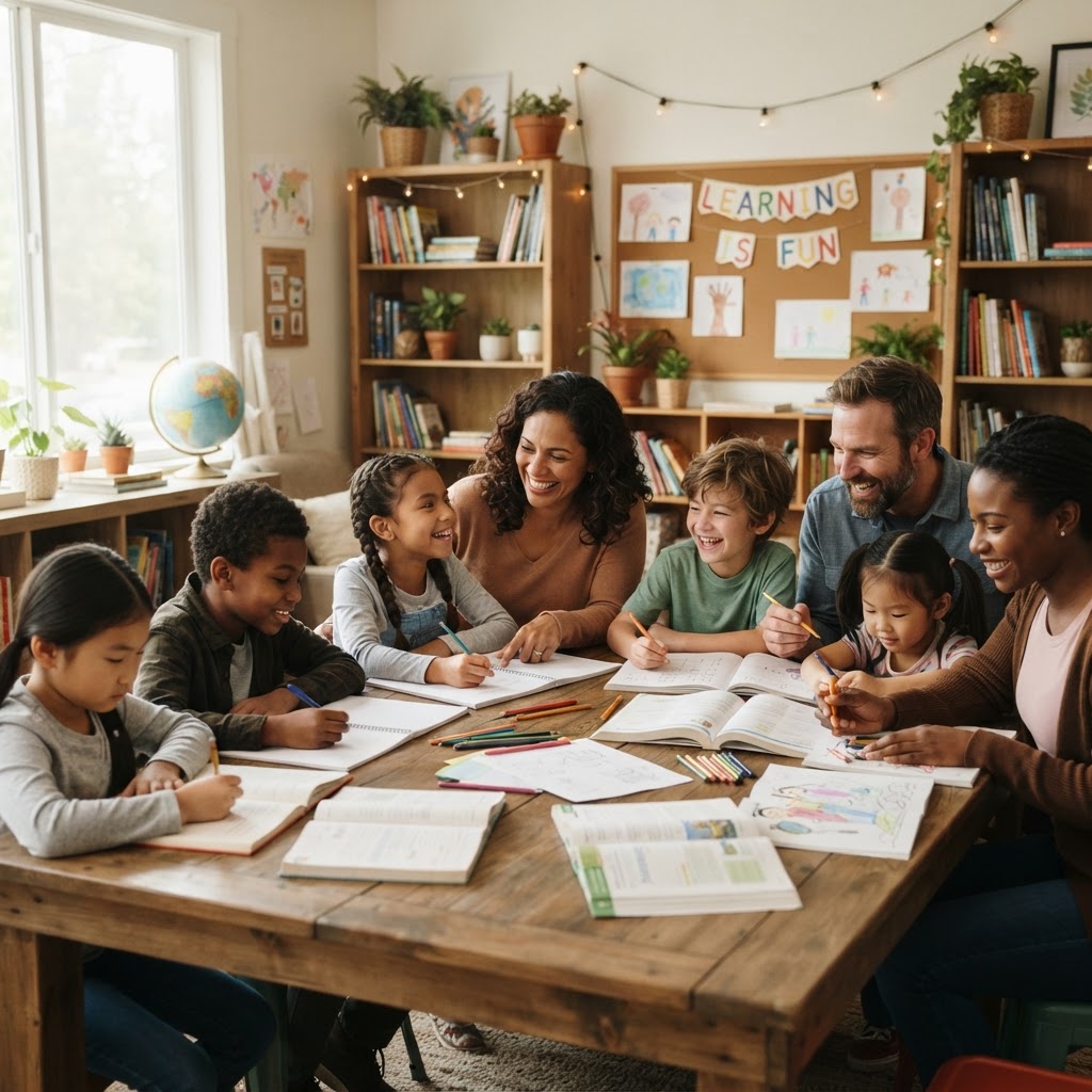 Children learning at a table with smiling adults sitting beside them, helping and encouraging them