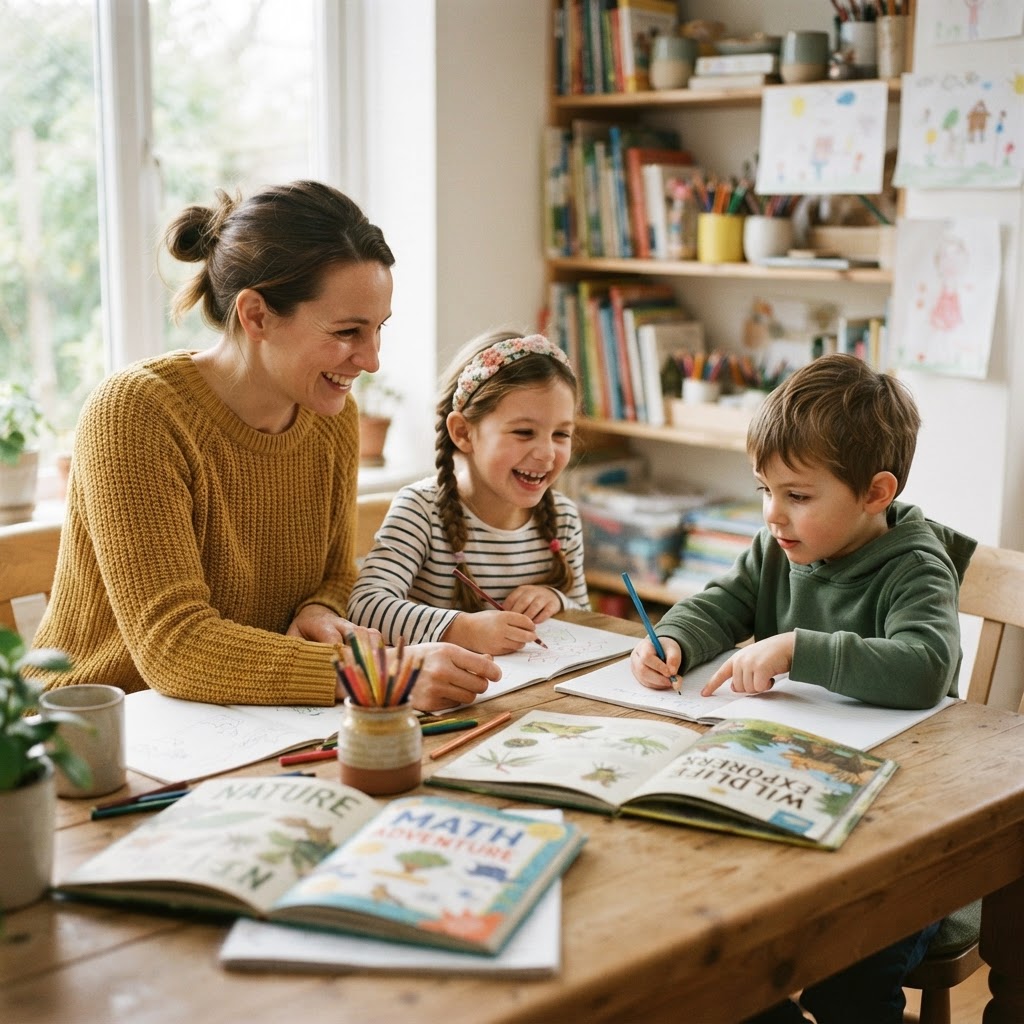 A parent and two children learning together at a table with books and pencils