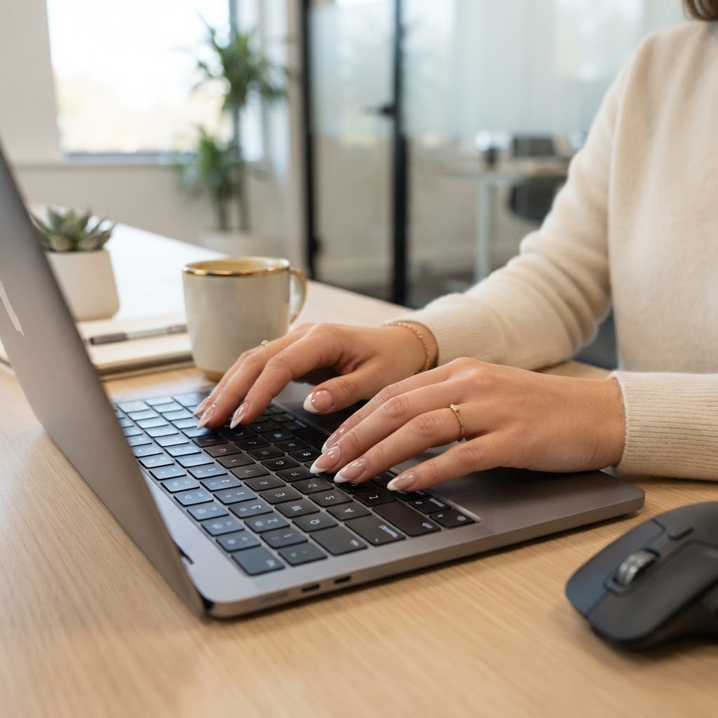 Elegant almond press-on french tips are perfect for a professional office look.