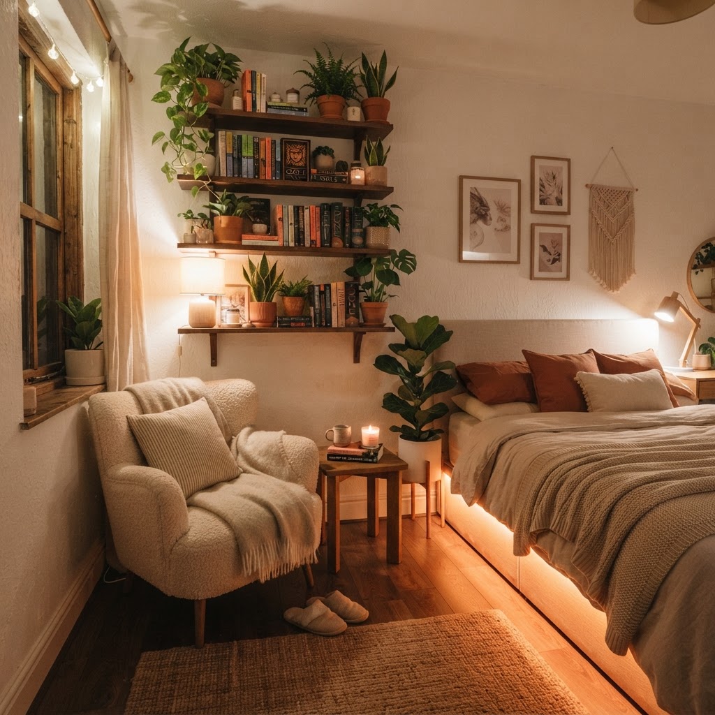 Maximize your space by utilizing walls for storage and creating a cozy reading nook.