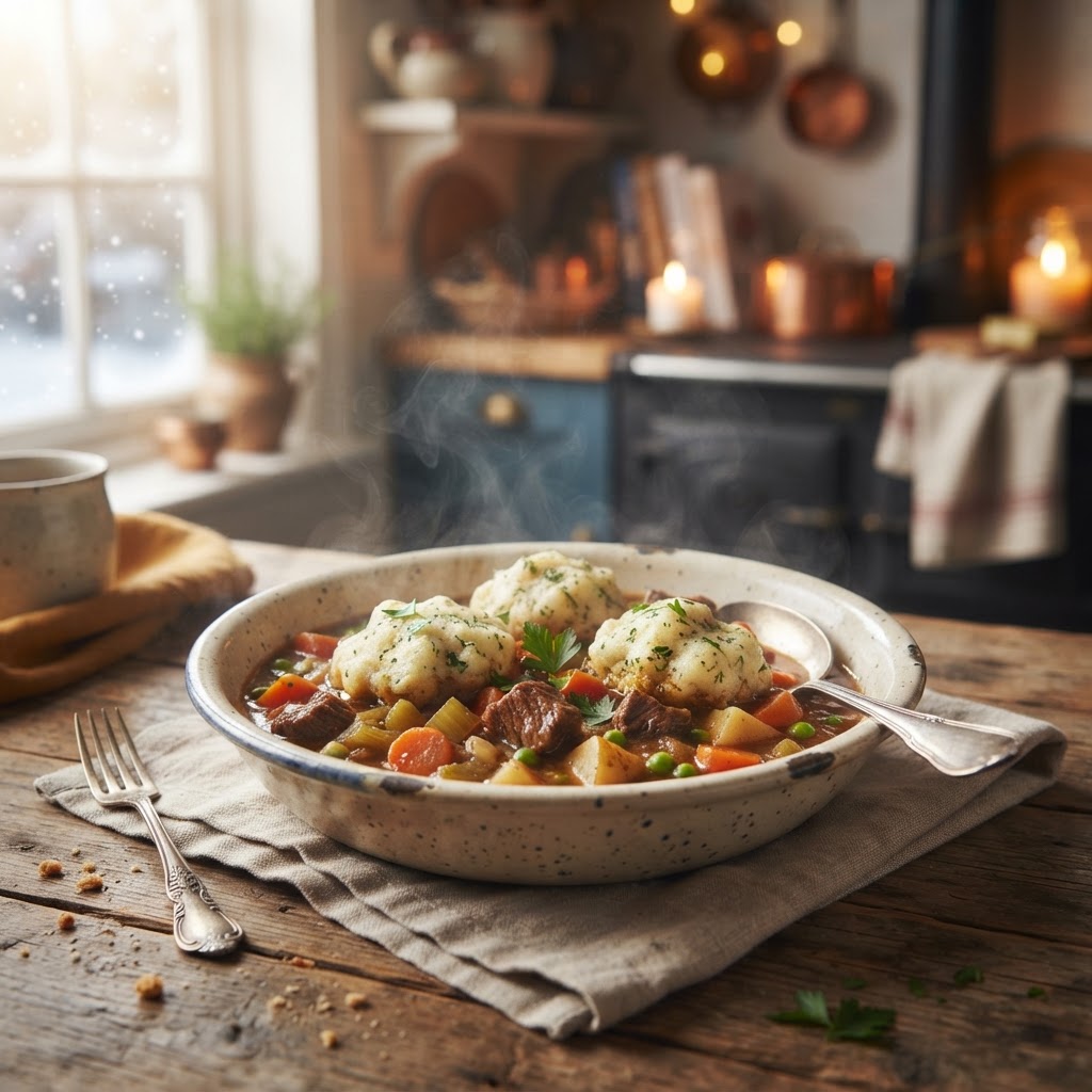 Hearty slow cooker beef stew topped with fluffy dumplings.