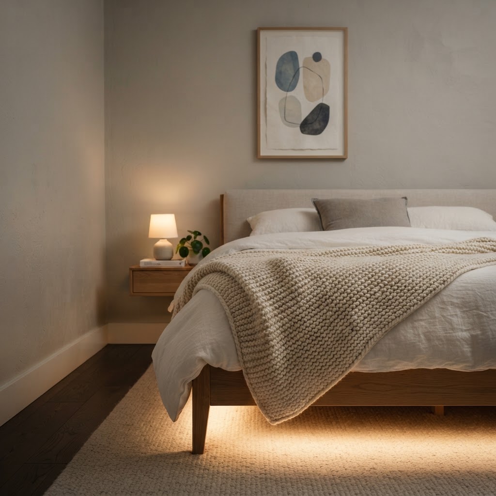 Carefully curated textures and lighting for a small space.