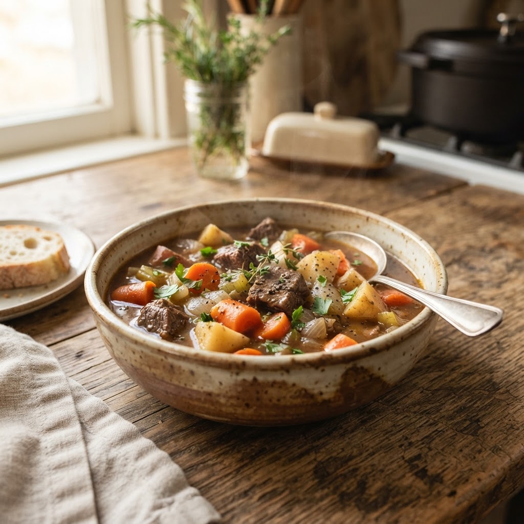 A steaming bowl of classic slow cooker beef stew perfect for a cold winter dinner.