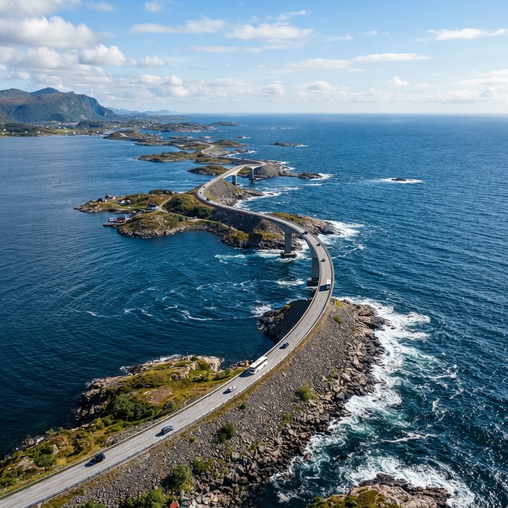 The Atlantic Ocean Road viewed from above shows its unique design.