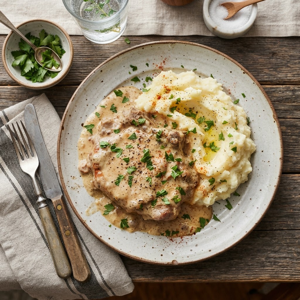 Creamy ranch slow cooker pork chops with a side of potatoes.