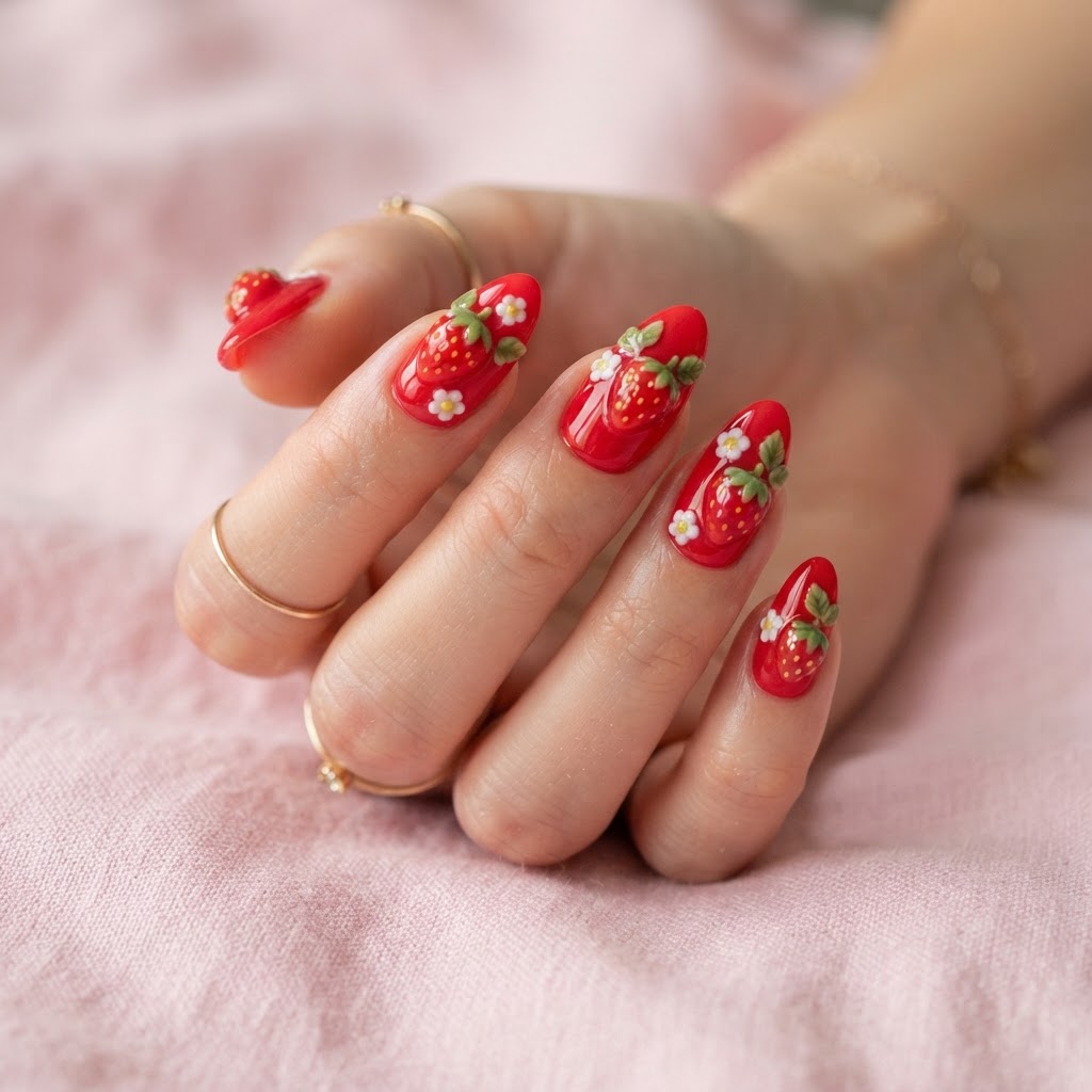 Adorable kawaii strawberry press-on nails are the perfect summer accessory.