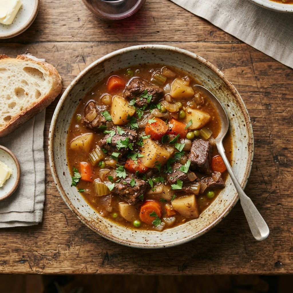A bowl of homemade gluten-free beef stew served with fresh herbs.
