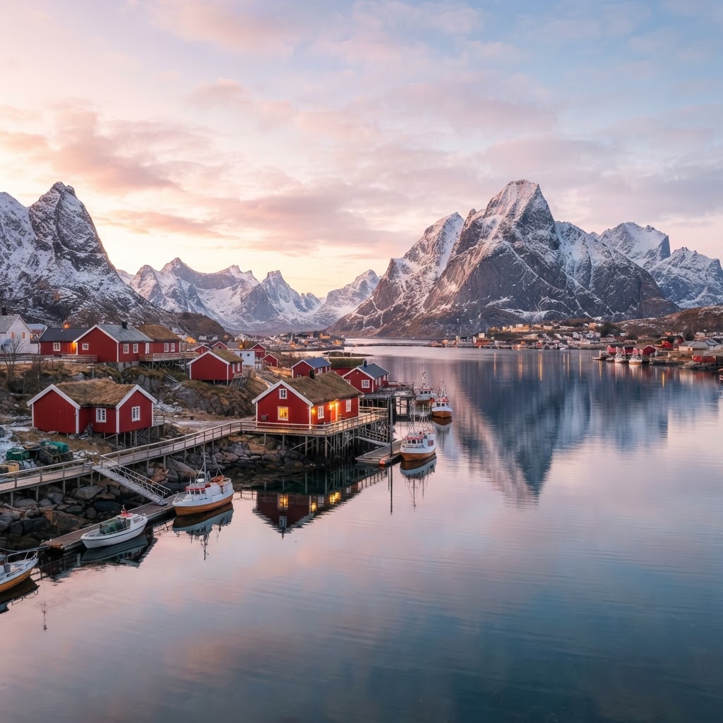 Soft morning light illuminates the iconic red cabins of Reine.