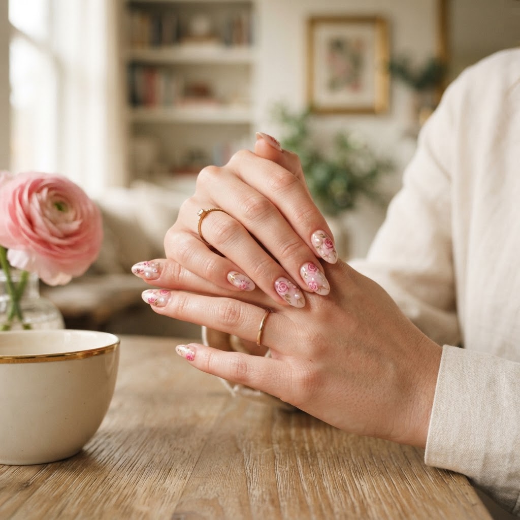 Elegant and detailed floral patterns on salon-quality press-on nails.