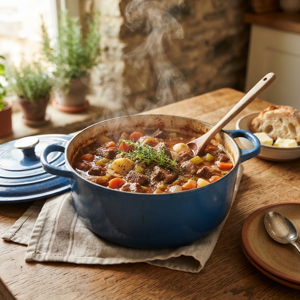 A vibrant, hearty beef stew garnished with fresh herbs.