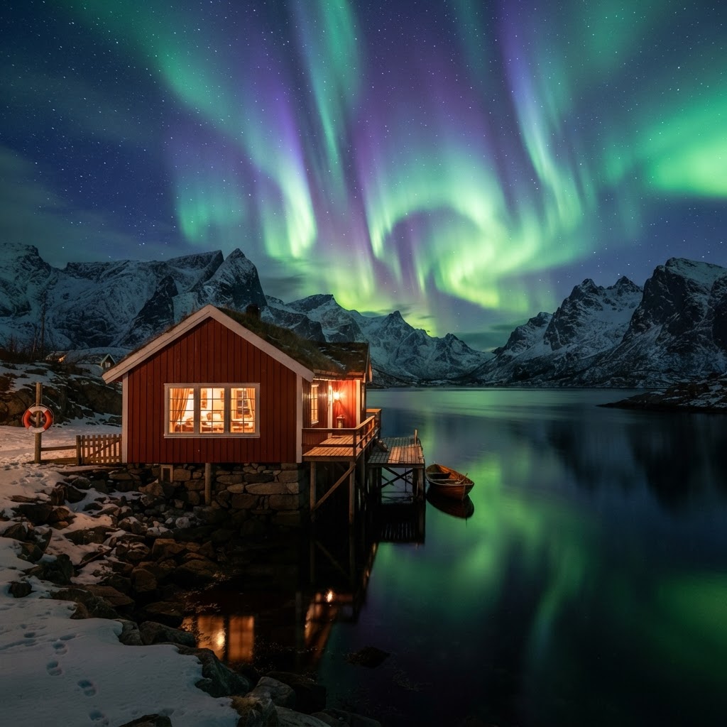 Traditional red fishing huts beneath a vibrant Arctic sky.