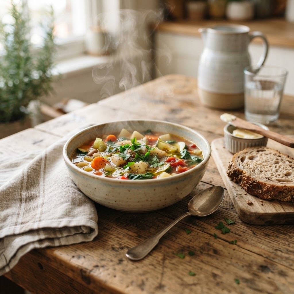 A finished serving of nutritious slow cooker vegetable soup.